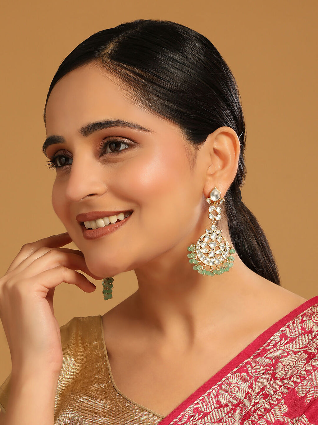 Nuyug 22K Gold Plated Regal Green Kundan Chandbali Earrings