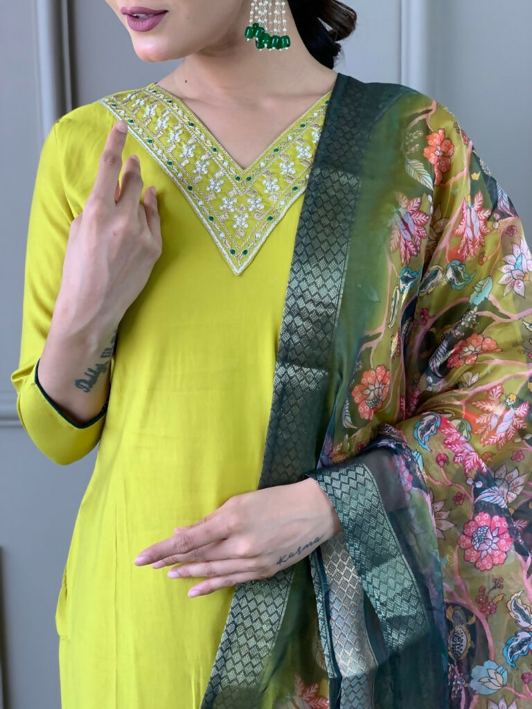 Partywear Designer Lemon Yellow Viscos Chanderi Stitched Suit With Dupatta - Tanisha