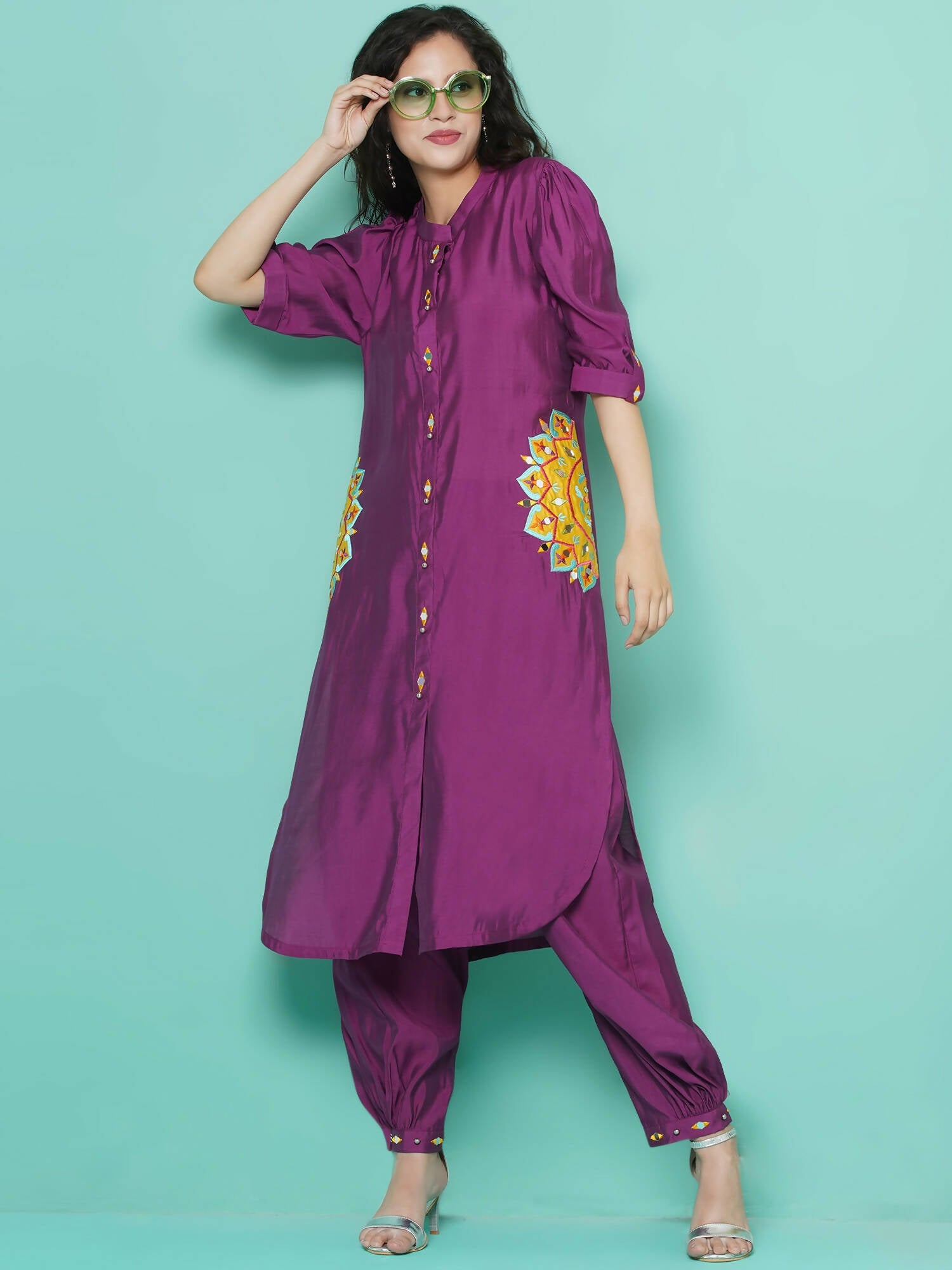 Women Republic Purple Art Silk Embroidered Kurta with Afghani Salwar