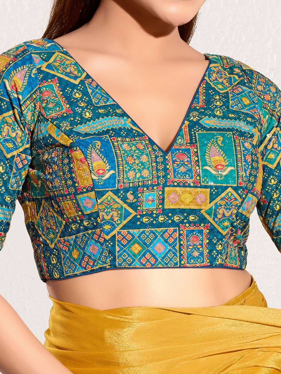 Joban Fashion Fire Blue Viscose Rayon Padded Blouse With V Neck Elbow Sleeves