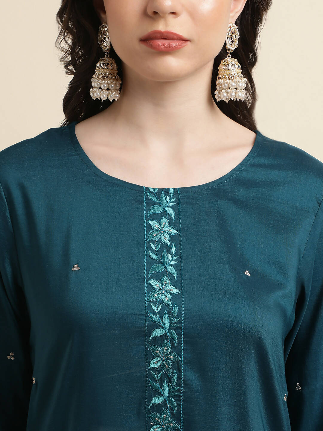 Teal Chinon Silk Embroidered Straight Kurta with Trouser & Dupatta - Salimar