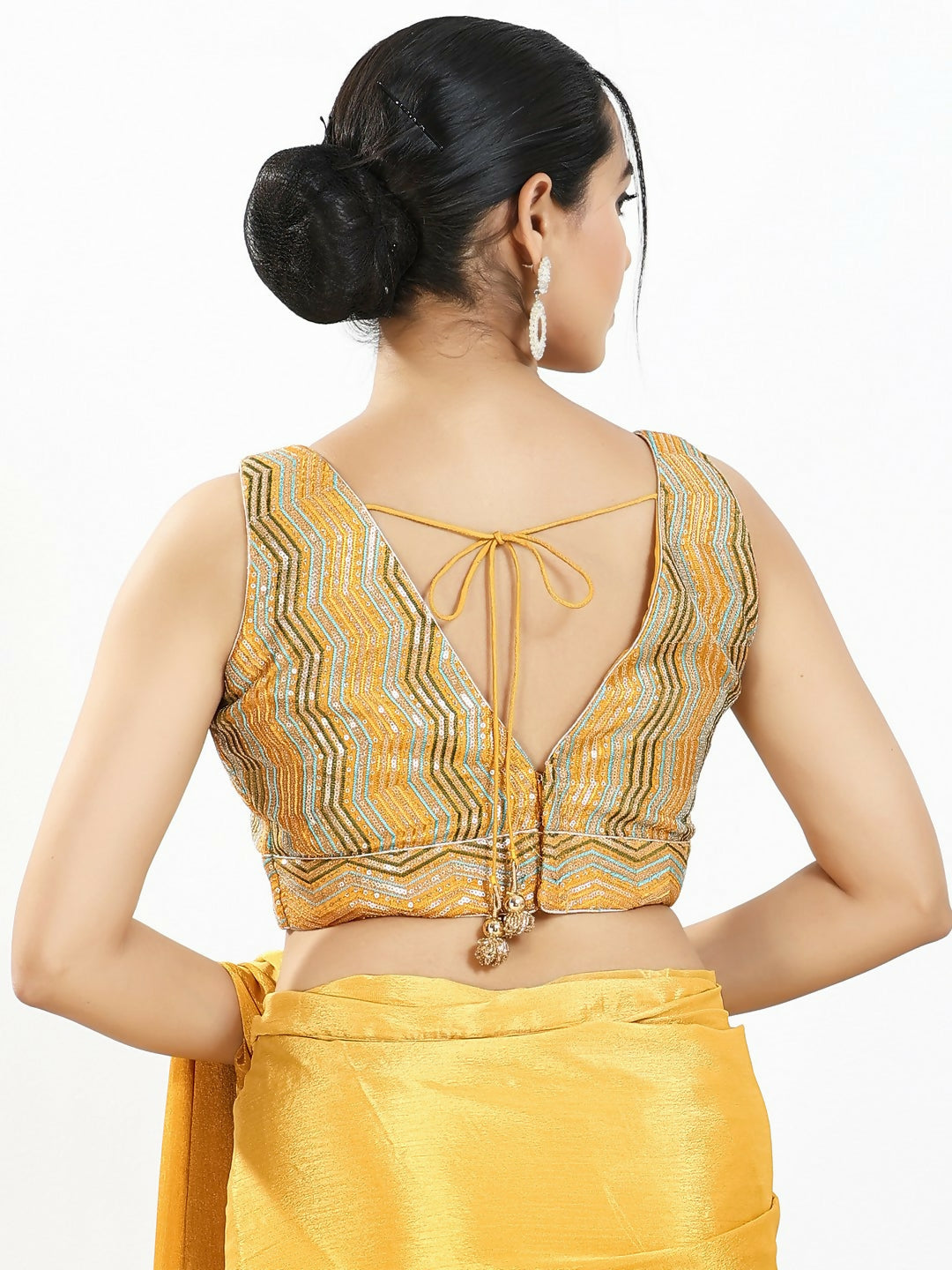 Joban Fashion Yellow Multi Silk Padded Blouse With V Neck Sleeveless