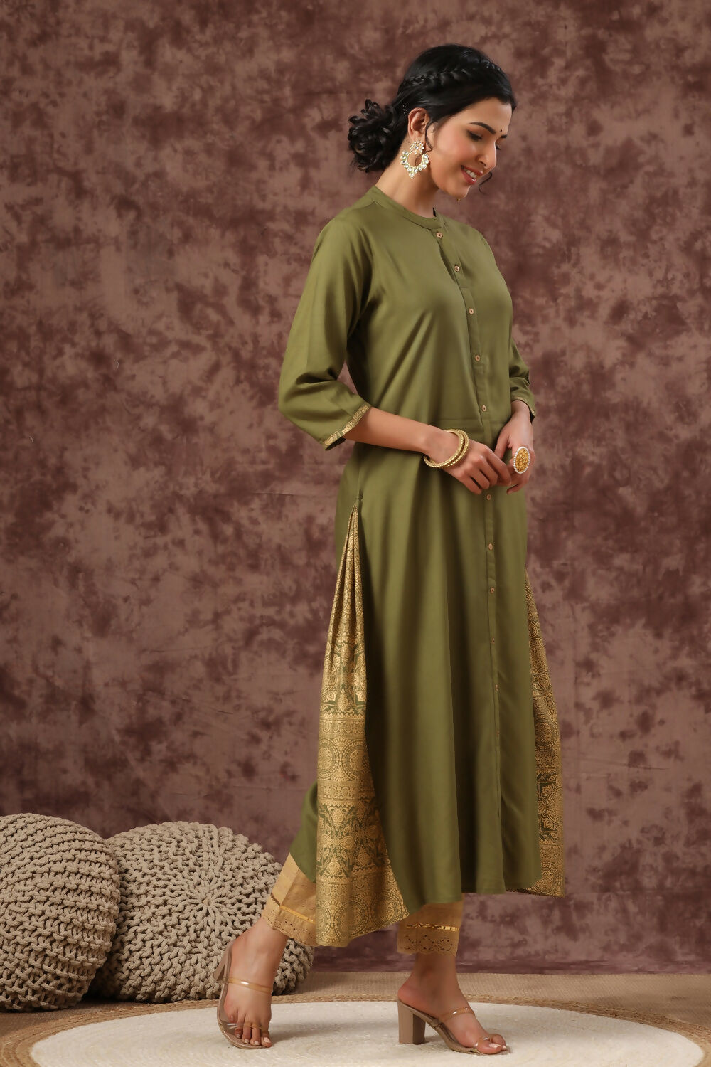 Juniper Olive Ethnic Motif Printed Rayon A-Line Women Kurta
