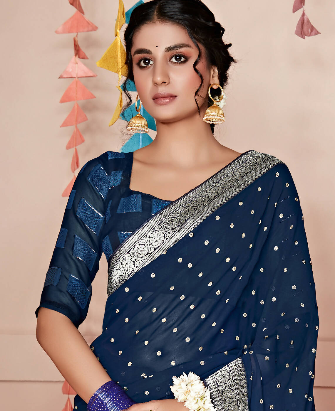 Blue Georgette Foil Printed Saree With Unstitched Blouse Piece - Nitya