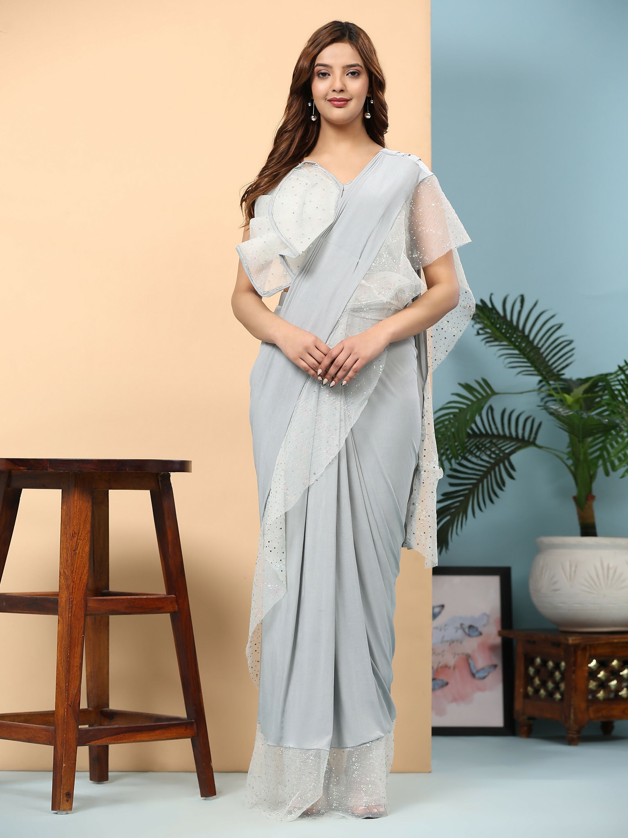 Light Grey Lycra Solid Ready to Wear Saree with stitched Blouse - Nita