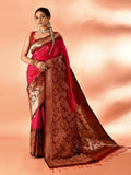 Joban Fashion Rani Pink & Bottle Green Plain With Weaving Border Banarasi Silk Sarees