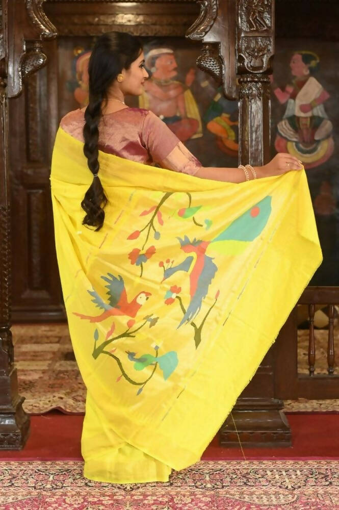 Very Much Indian Handloom Pure Cotton Paithani-Lime Yellow