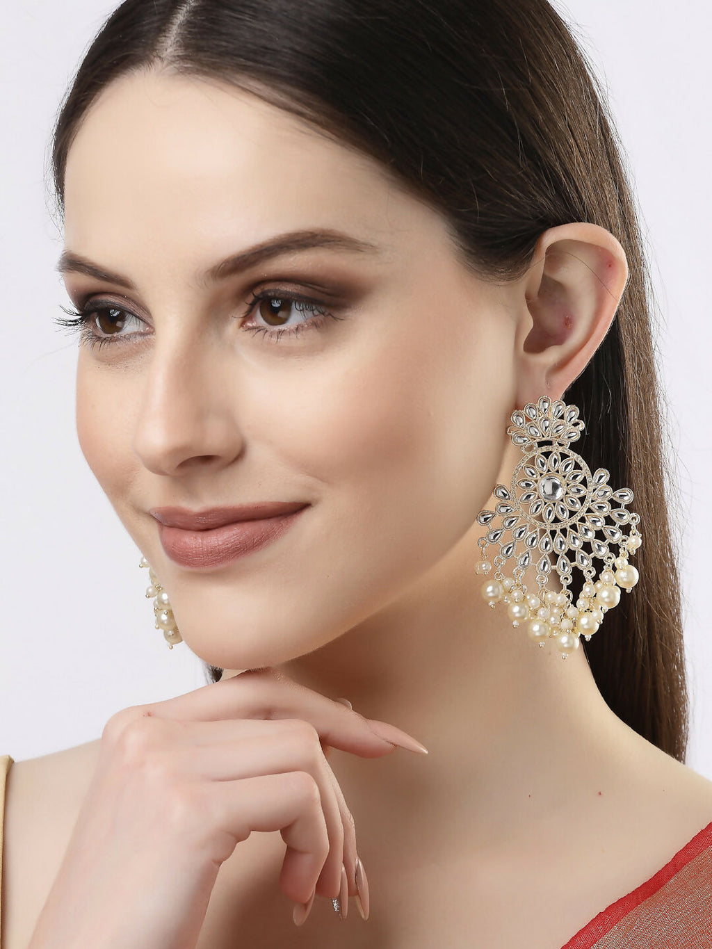 NVR Women Gold-Polished Kundan Chandbali Earrings