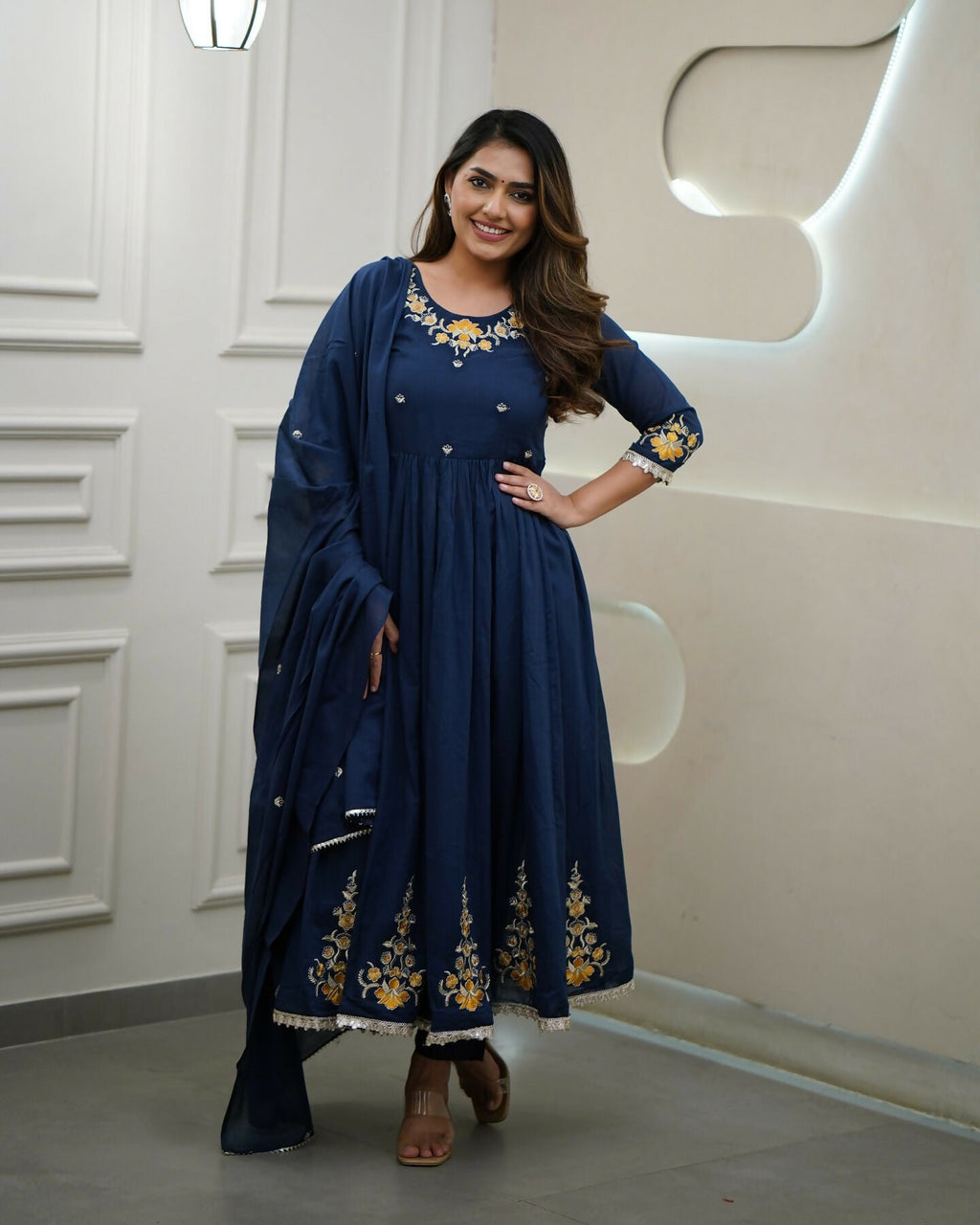 The52 Blue Women's Gorgeous Viscose Fabric Embroidered Work Flared Kurta Pant and Dupatta Set