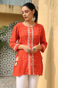 Juniper Women's Orange Rayon Crepe Embroidered Tunic