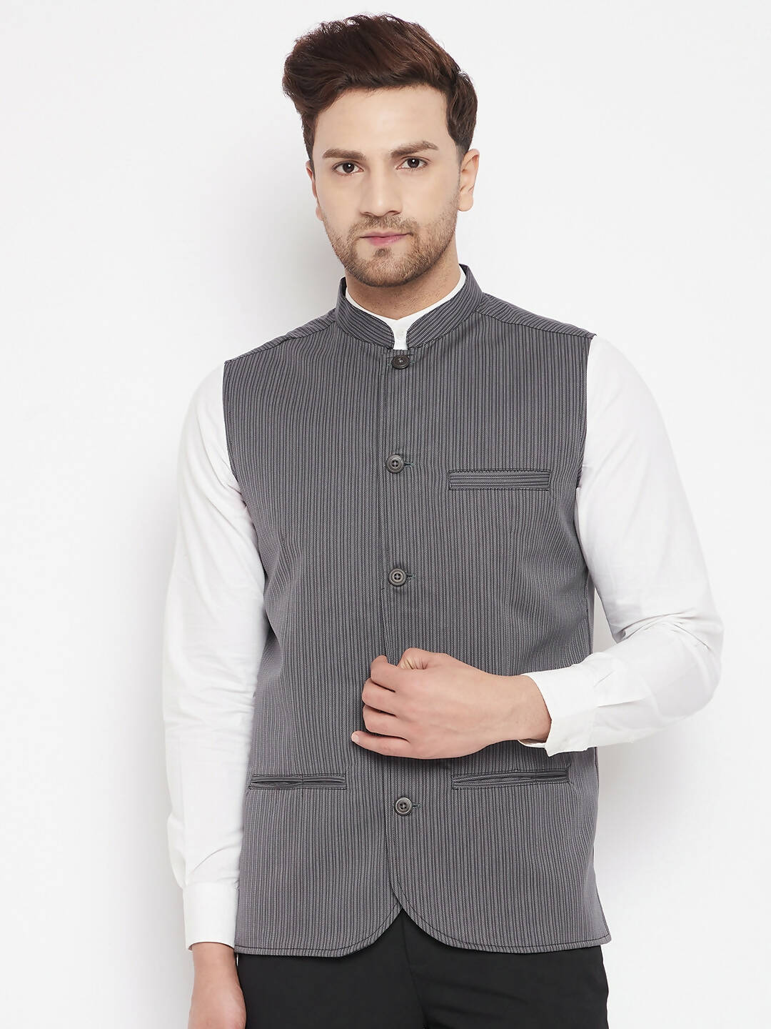 Even Apparels Grey Merino Men Woven Nehru Jacket BF708