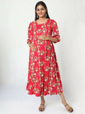 Manet Three Fourth Maternity Dress Floral Print With Concealed Zipper Nursing Access - Red