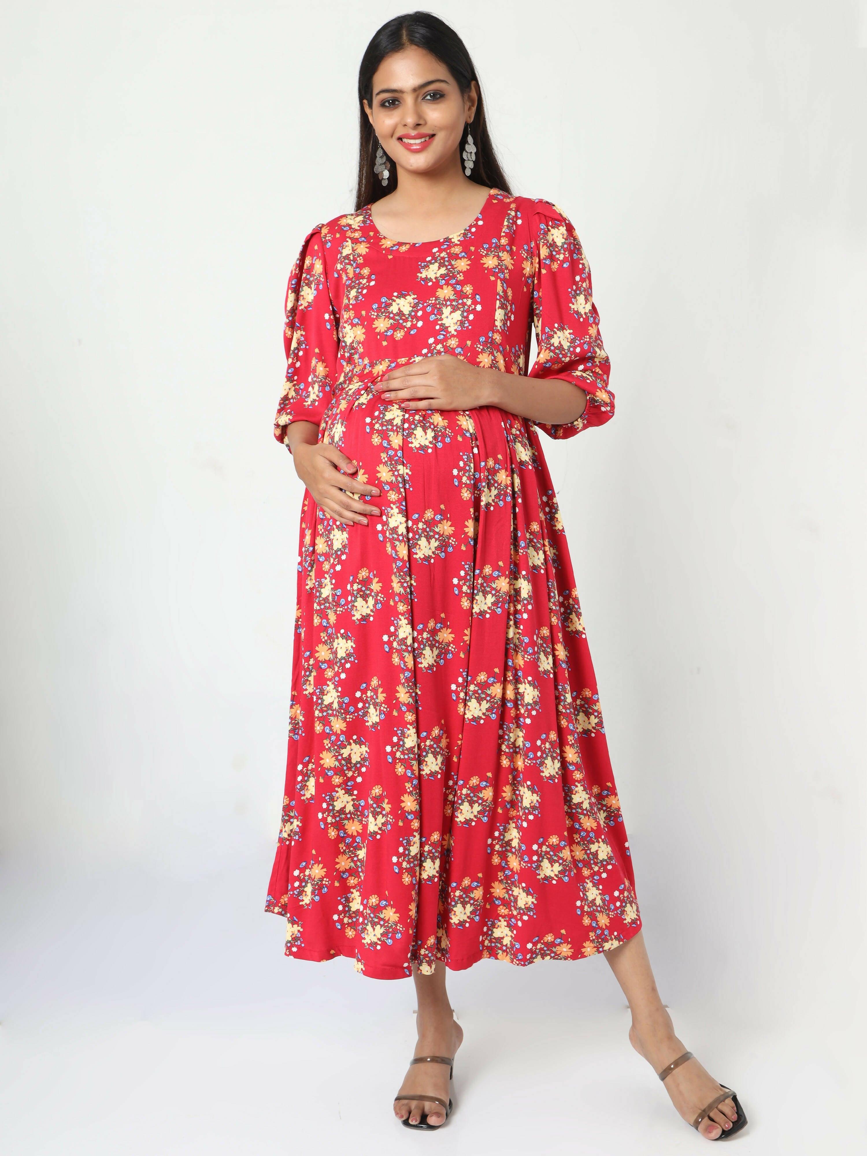 Manet Three Fourth Maternity Dress Floral Print With Concealed Zipper Nursing Access - Red