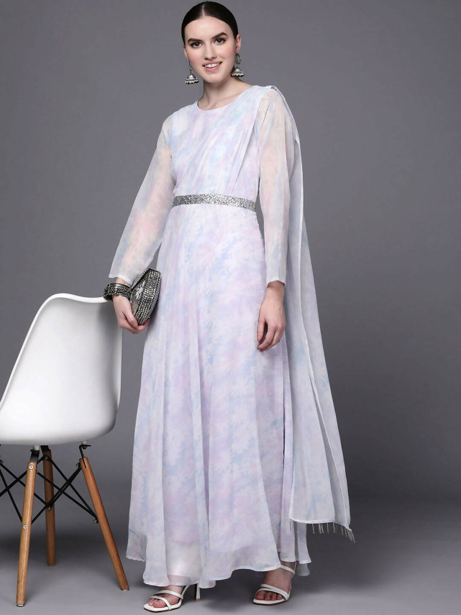 Ahalyaa Women Blue & White Floral Fit & Flare Maxi Ethnic Dress