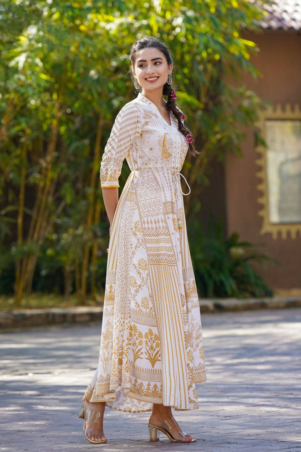 Juniper Women Mustard Rayon Printed Flared Dress