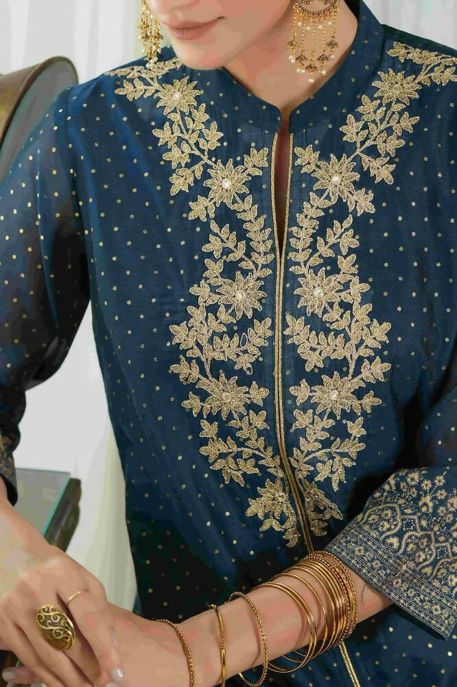 Juniper Blue Chanderi Festive Embroidered Polka Dot Printed A-Line Kurta For Women