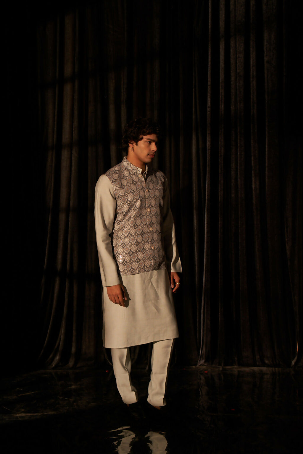 Grey Viscose Designer Printed Men's Kurta Set with Koti - Mahotsav