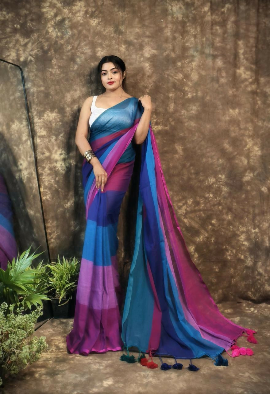 Exclusive Collection Beautiful Multi Pure Cotton Woven Handloom Saree With Running Blouse Piece