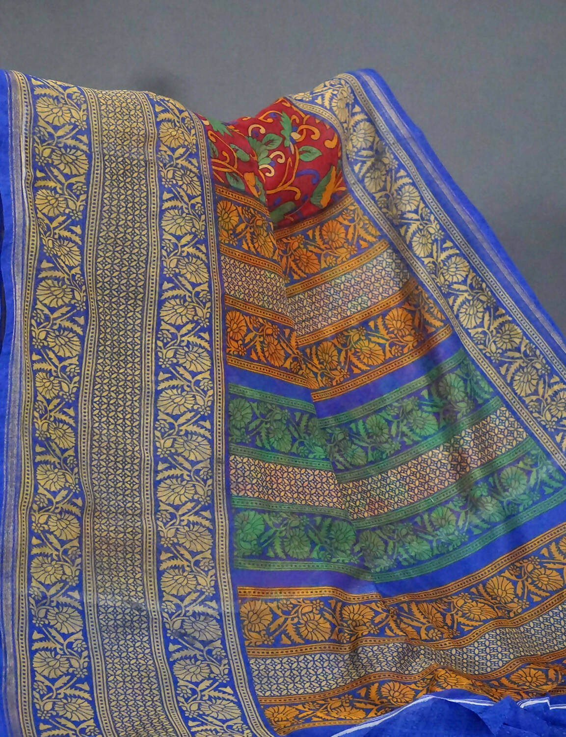 Vibrant Combination Of Maroon Red Kalamkaari Design Semi Chanderi Saree With Contrast Blouse By Gayathri Reddy Designer Studio