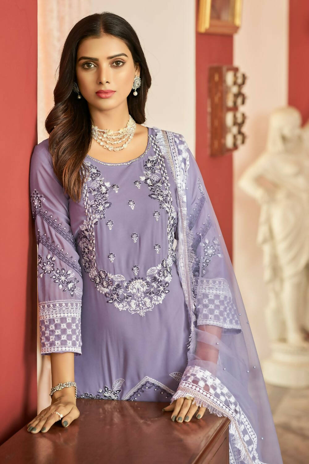 Lavender Heavy Faux Georgette Embroidered Semi Stitched Suit - Dhvani