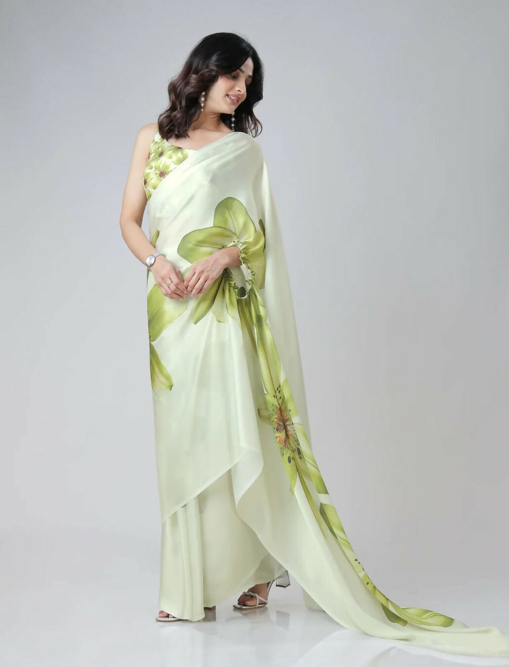 Vastranavya Mint Green Freehand Floral Print Ready to Wear Saree