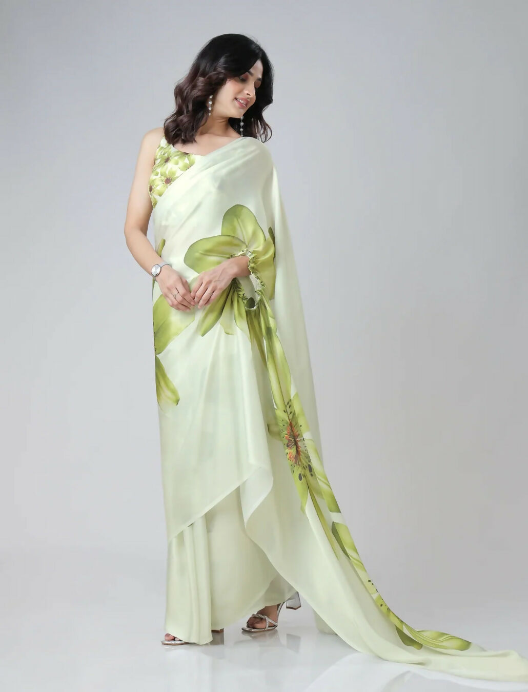 Vastranavya Mint Green Freehand Floral Print Ready to Wear Saree