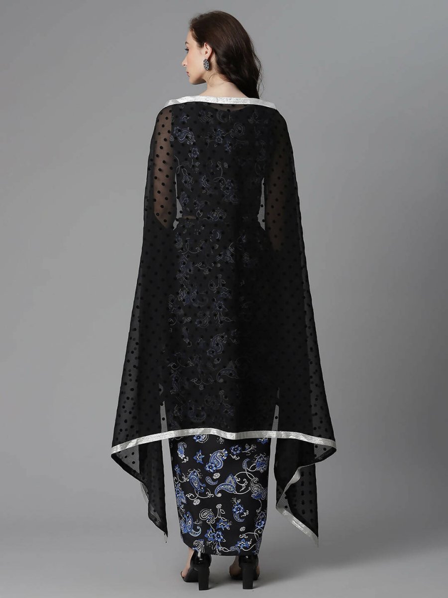 Ahalyaa Women's Black Color Crepe Digital Print Top Skirt With Shrug