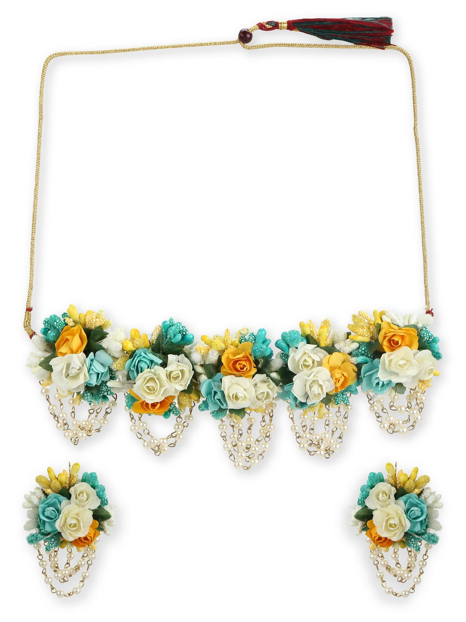 Flower Jewellery Gold-Polished Turquoise Blue Floral Jewellery Set - Ruby Raang