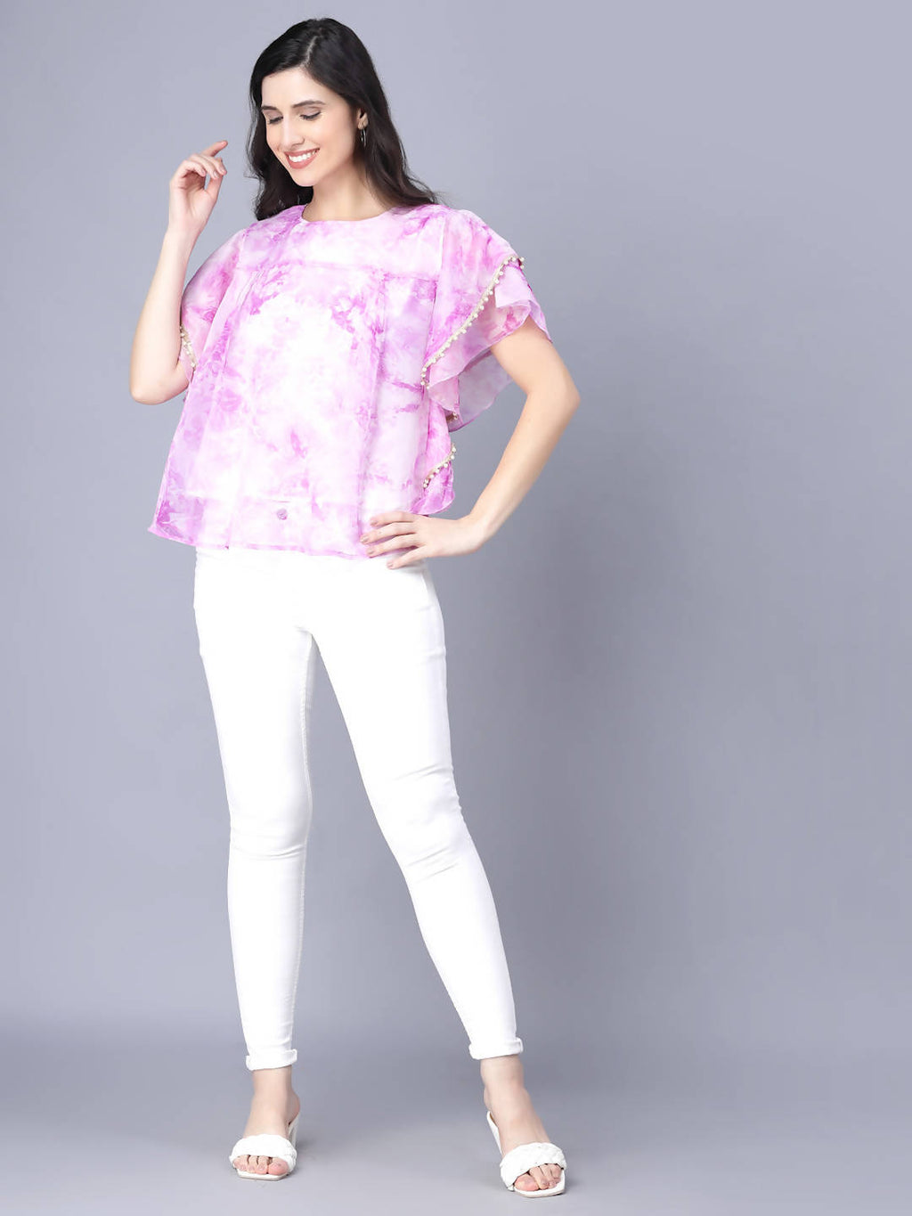 Myshka Organza Printed Short Sleeve Round Pink Women Top