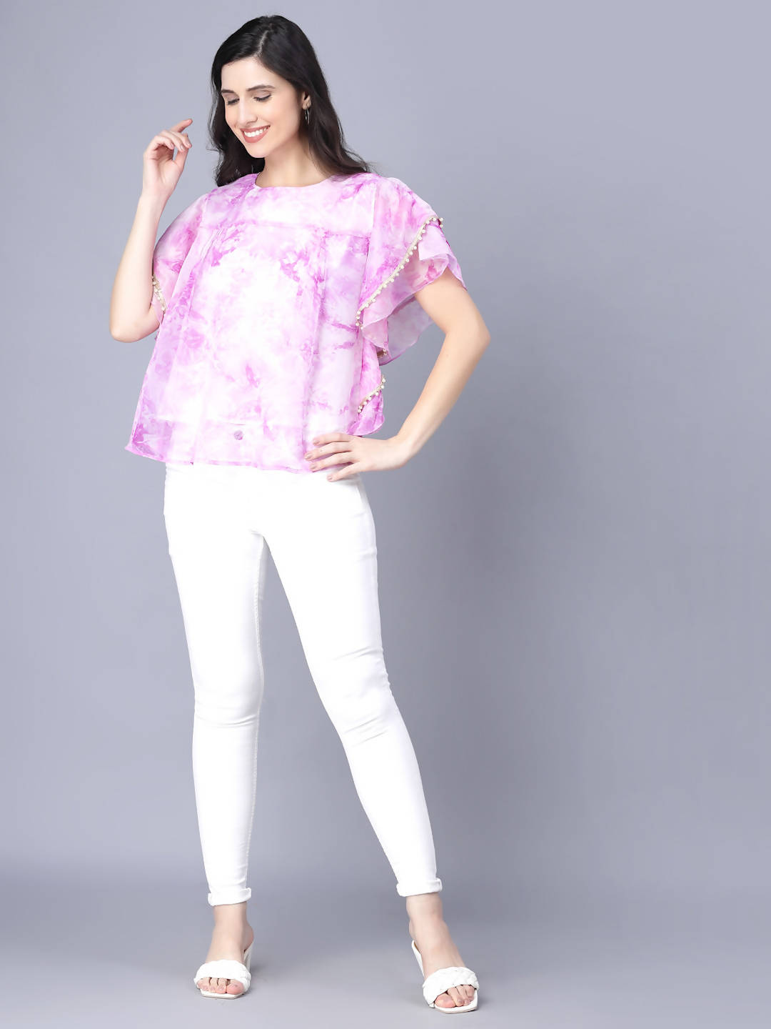 Myshka Organza Printed Short Sleeve Round Pink Women Top