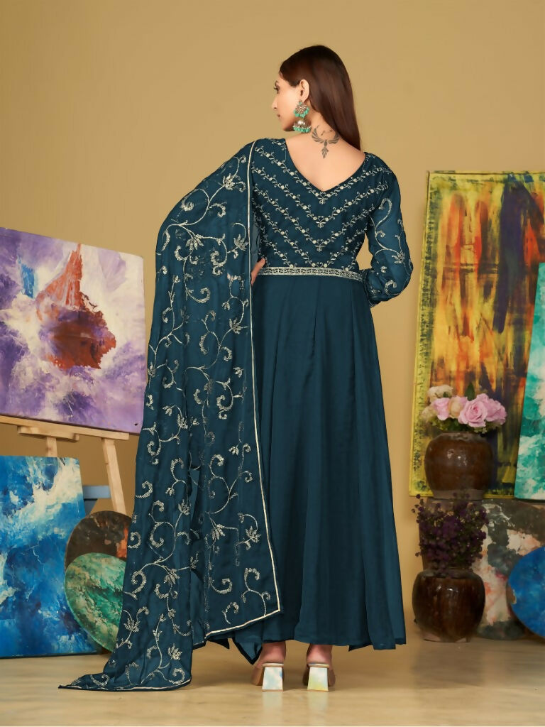Jyoti Fashion Women's Teal Georgette Embroidered Anarkali Kurta Pant Set With Dupatta