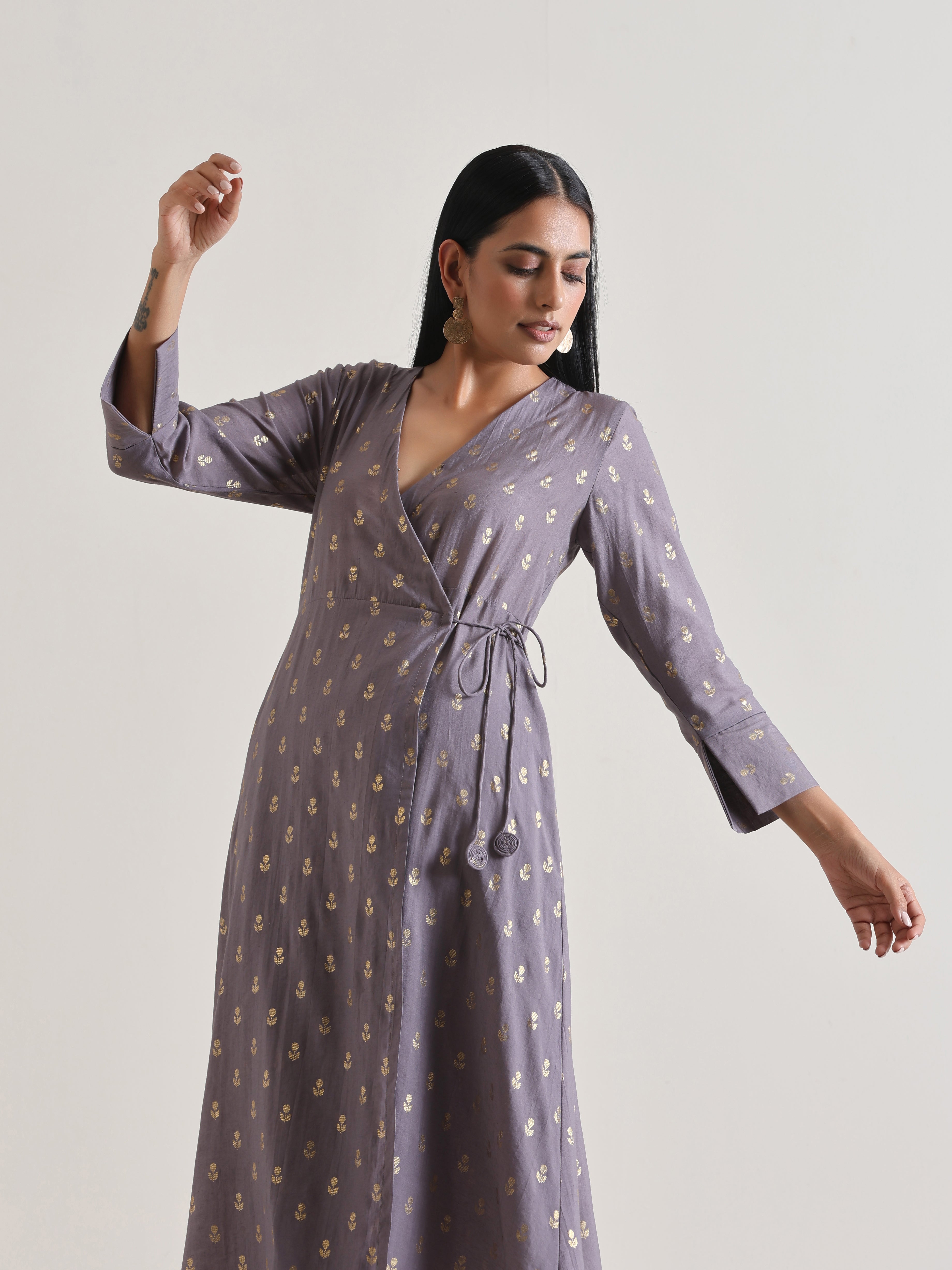 trueBrowns Plum Grey Foil Angrakha Kurta Set