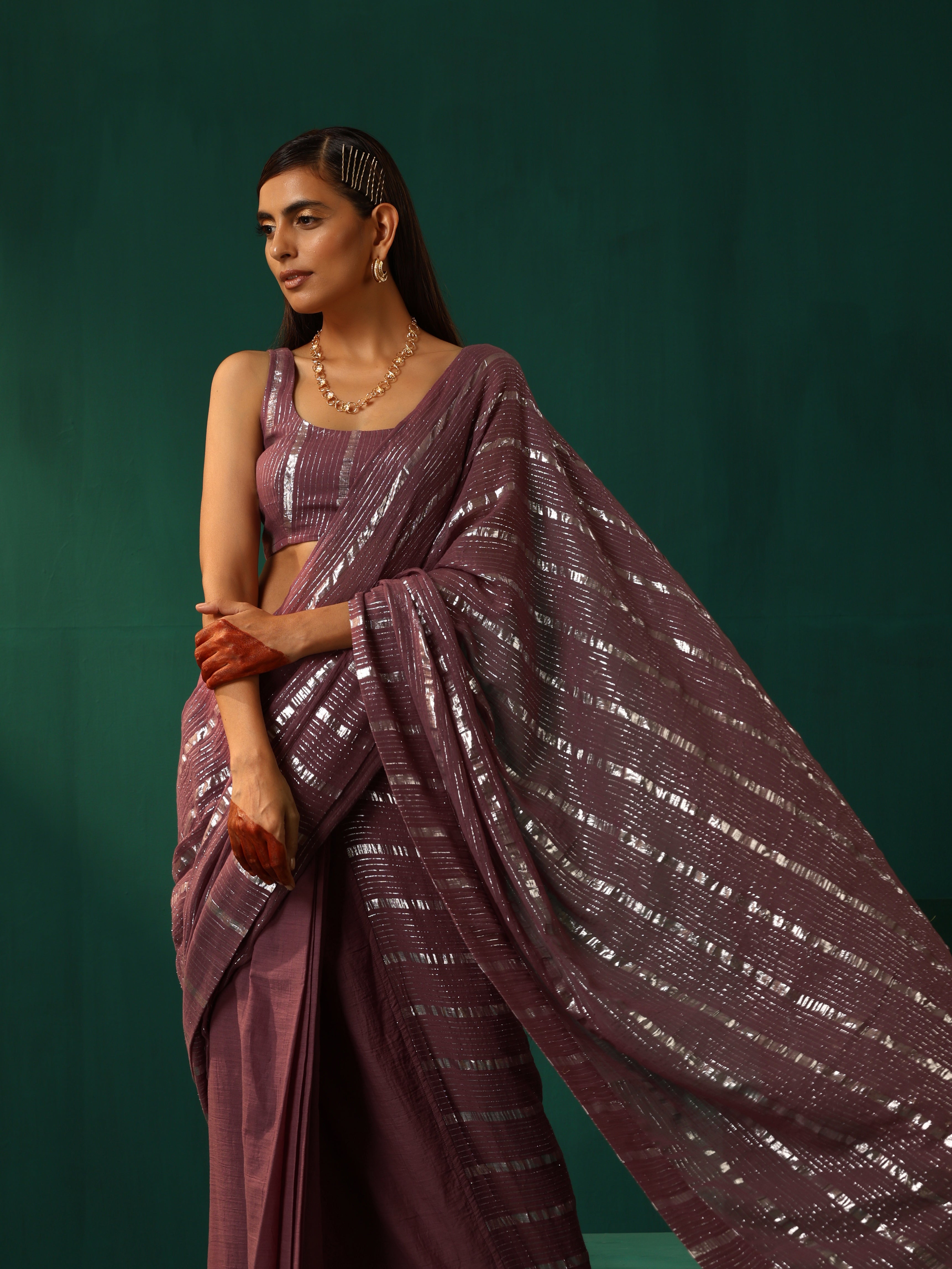 trueBrowns Mauve Cotton Silver Lurex Striped Ready to Wear Saree