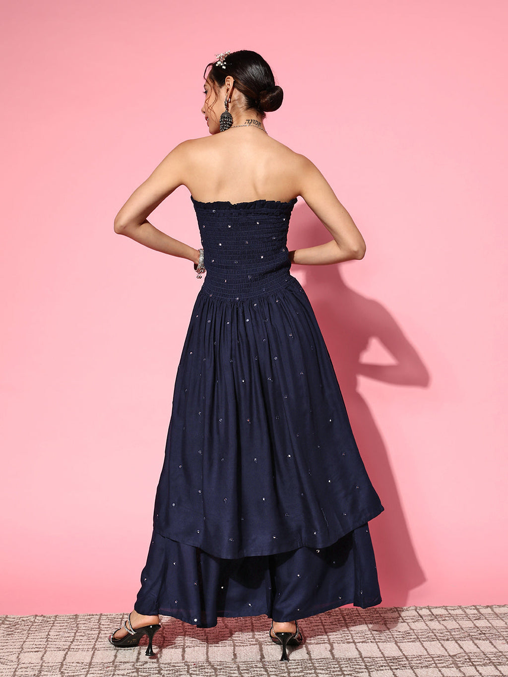 InWeave Women's Navy Blue Mirror Work Off Shoulder Kurta Set