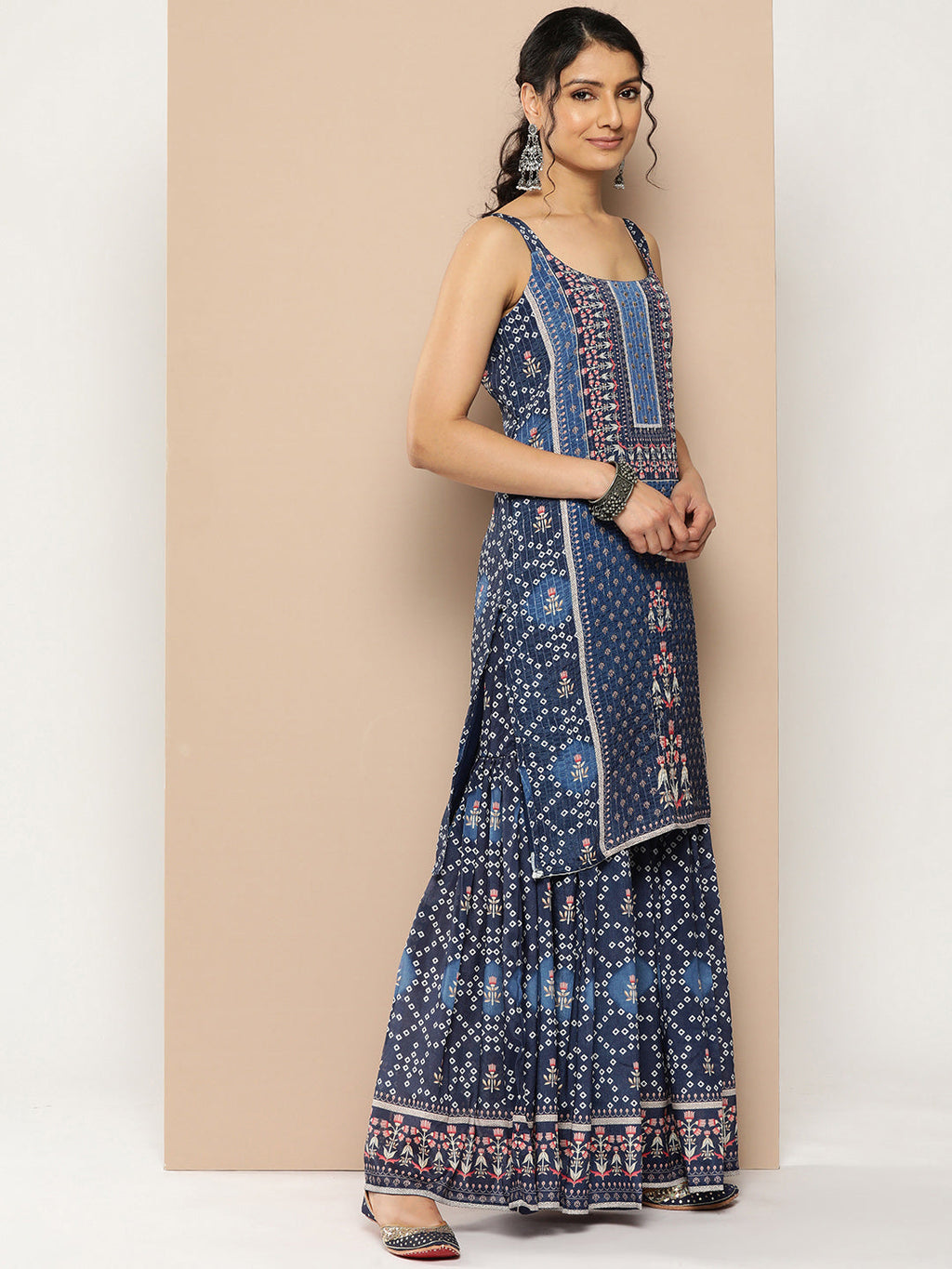 KSUT (House of Varanga) Blue Color Strap Style Digital Printed Kurta With Printed Sharara And Net Dupatta