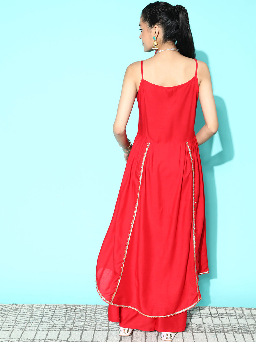 InWeave Women's Red Gota Strappy Kurta Set