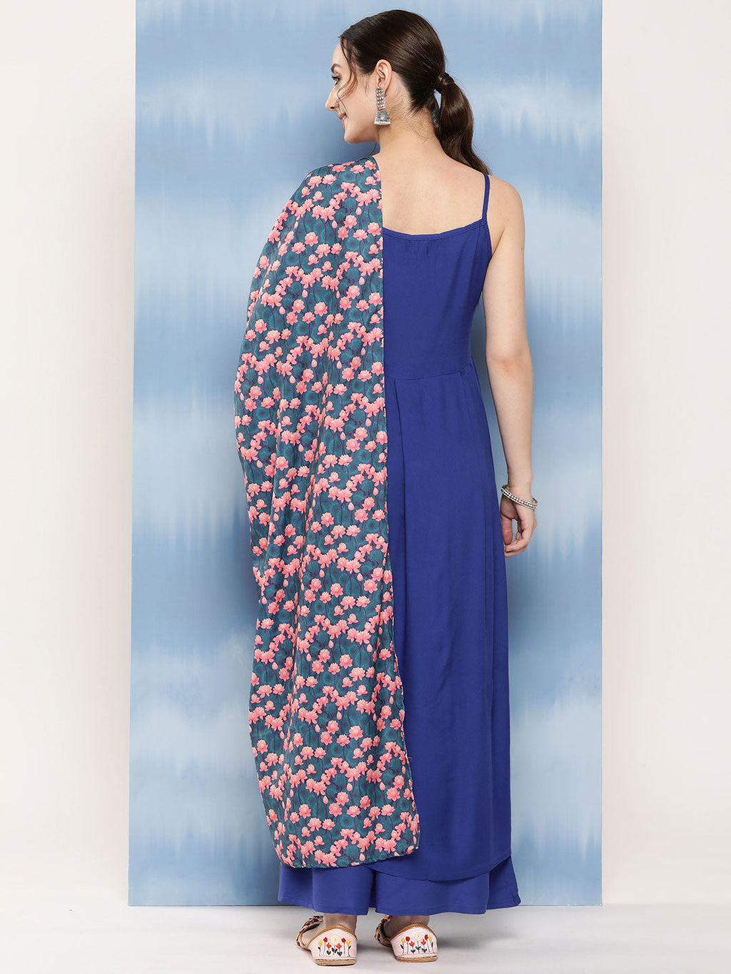 InWeave Women's Ink Blue Strappy Set With Navy Pink Lotus Cr Dupatta
