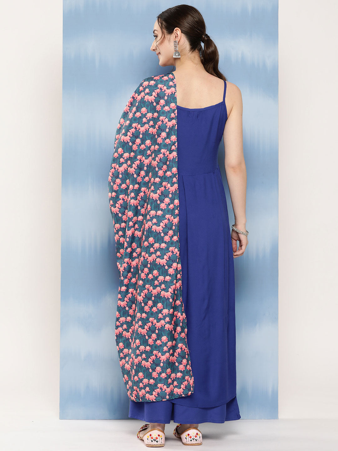 InWeave Women's Ink Blue Strappy Set With Navy Pink Lotus Cr Dupatta