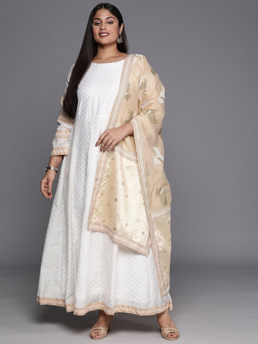 Ahalyaa Plus Size Boat Neck Maxi Ethnic Dress With Dupatta