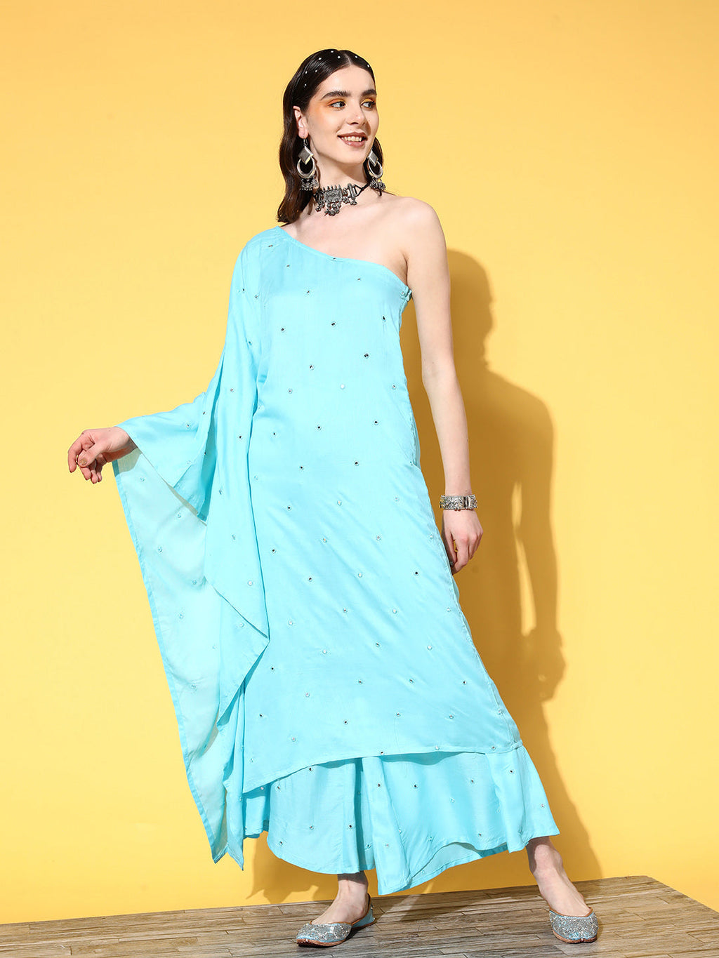 InWeave Women's Sky Blue Mirror Work One Shoulder Kurta Set