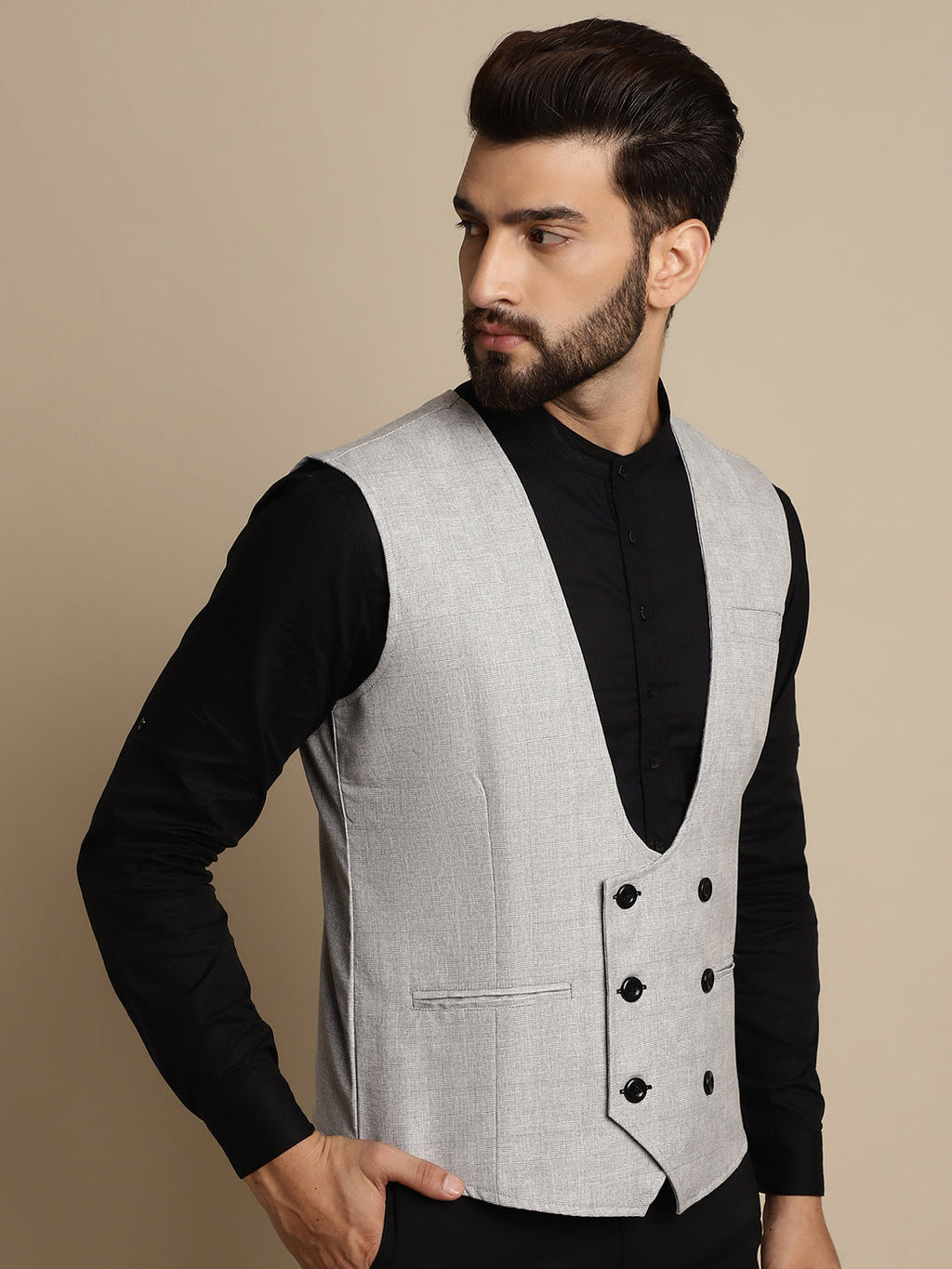 Even Apparels Men's Grey Double Breast Waistcoat