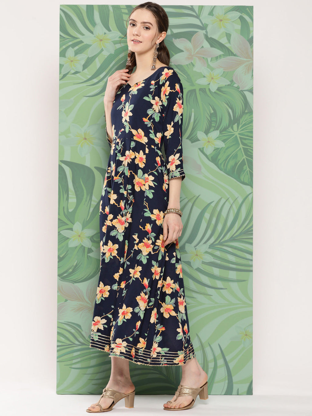InWeave Women's Black Tropical Print Gota Long Dress