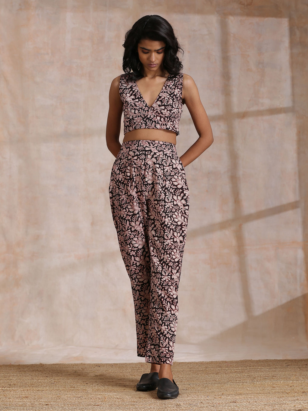 trueBrowns Black Floral Overall Bagru Print Cotton Pant Suit Set