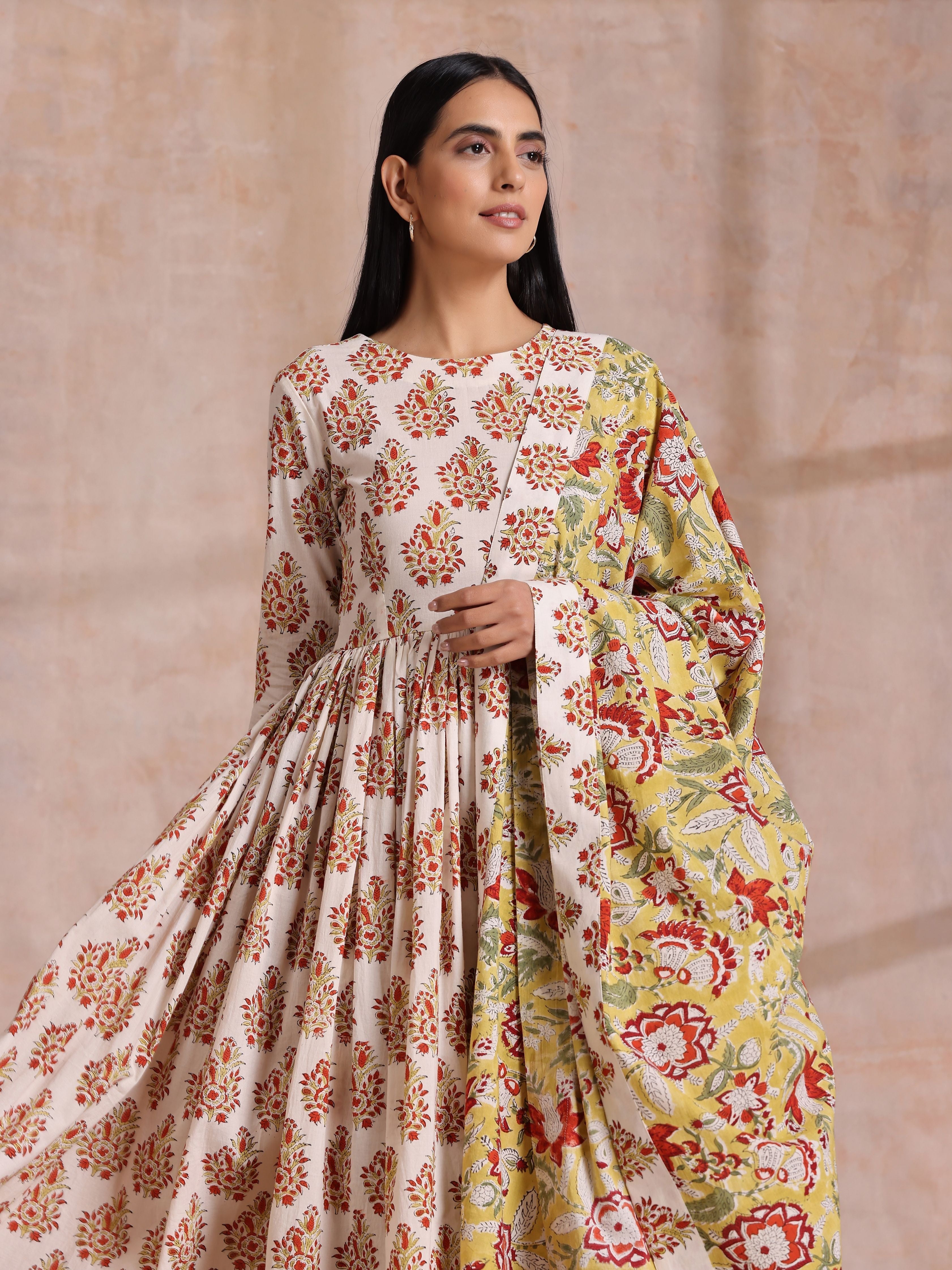 trueBrowns White With Red Yellow Buta Block Print Cotton Kurta Pant Dupatta Set