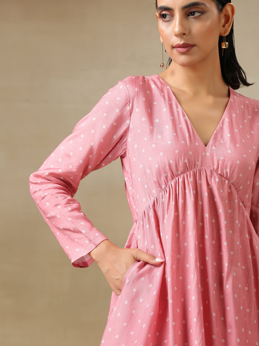 trueBrowns Light Mauve Bandhani Printed Silk Flared Kurta Pant Dupatta Set