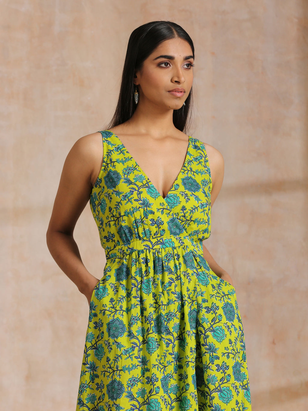 trueBrowns Lime Green Overall Teal Floral Block Print Cotton Sleeveless Wrap Dress