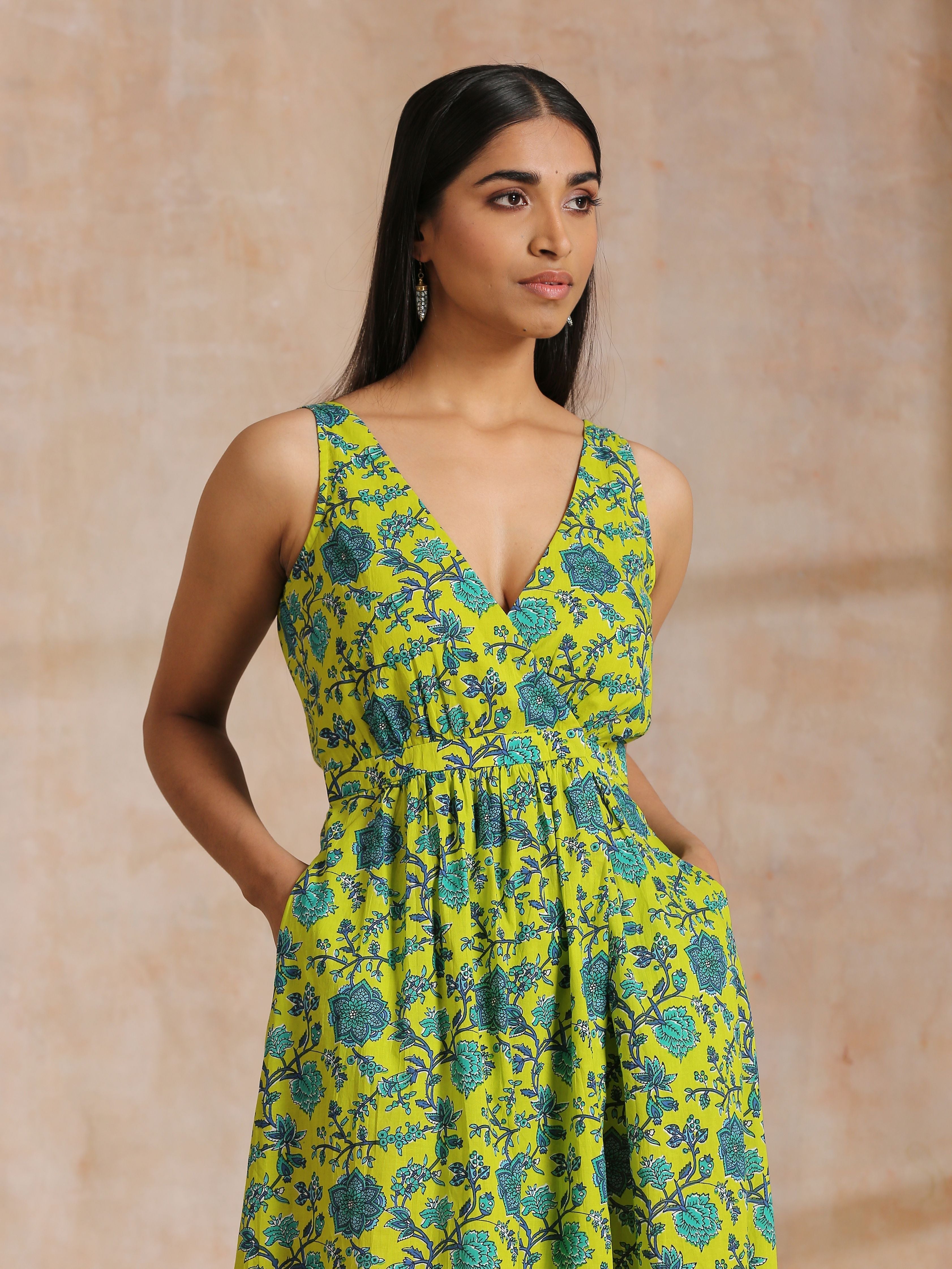trueBrowns Lime Green Overall Teal Floral Block Print Cotton Sleeveless Wrap Dress