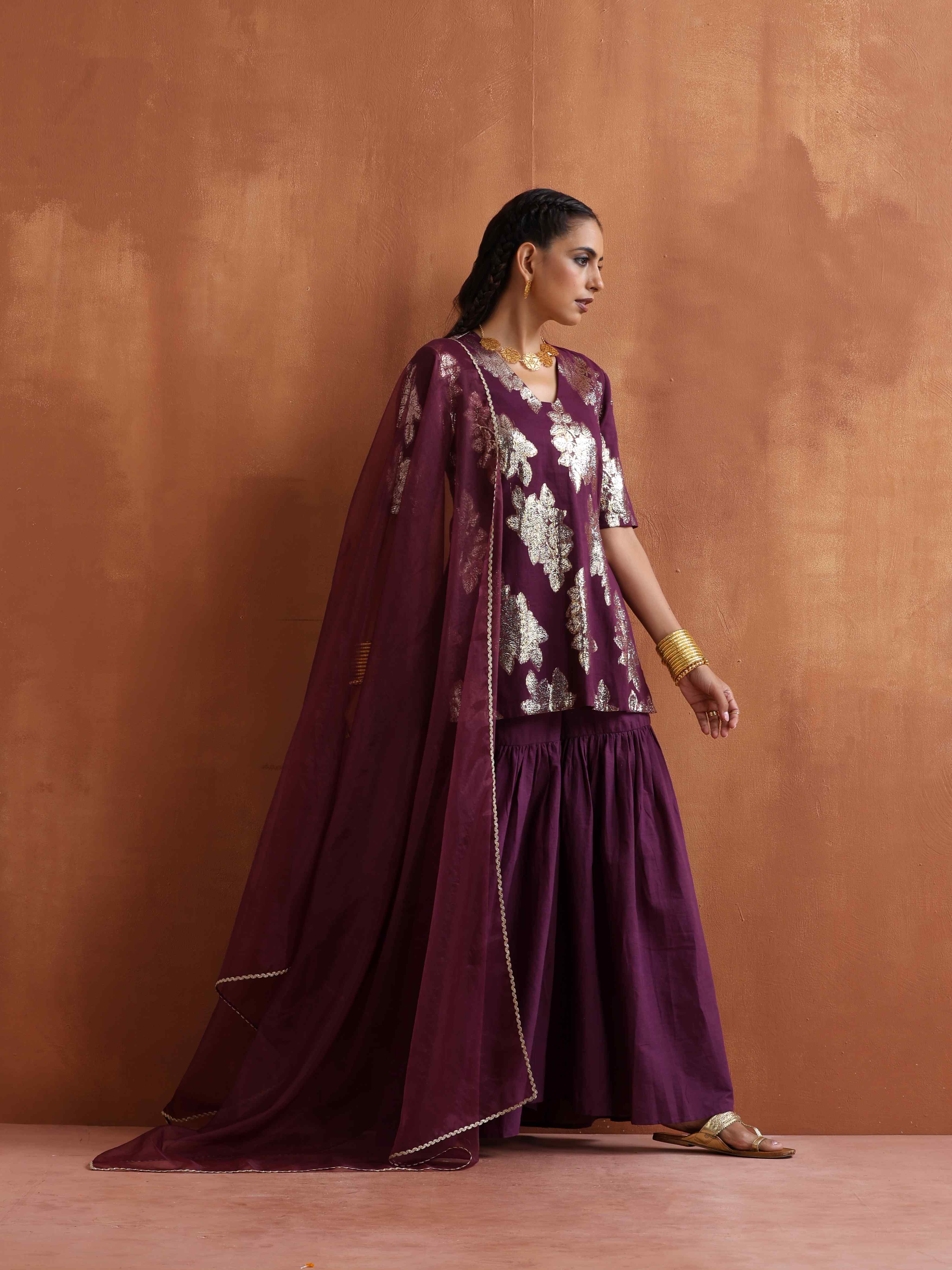 trueBrowns Purple Metallic Sharara Dupatta Set