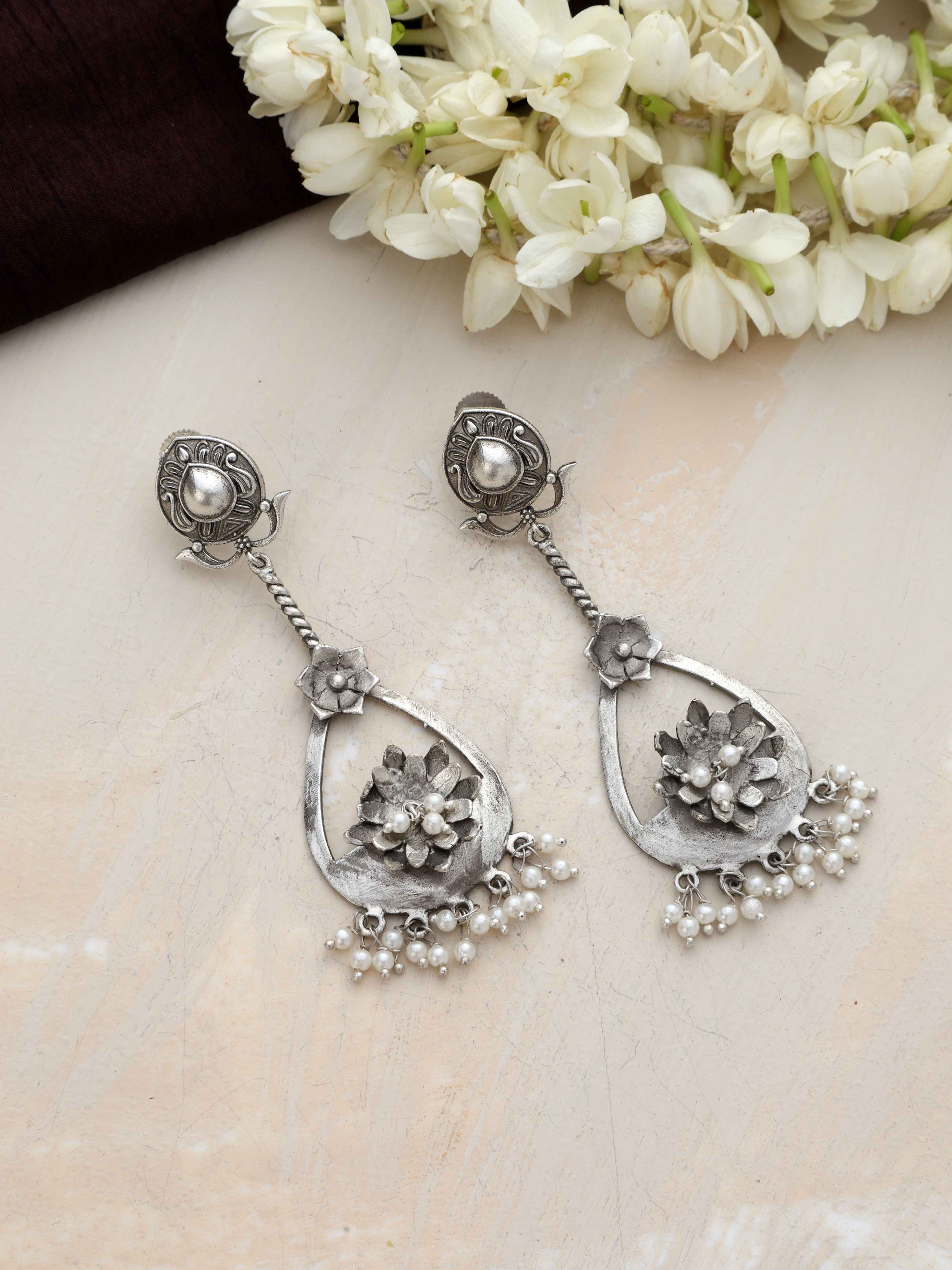 trueBrowns Silver Tone Floral Chandbaali Earrings