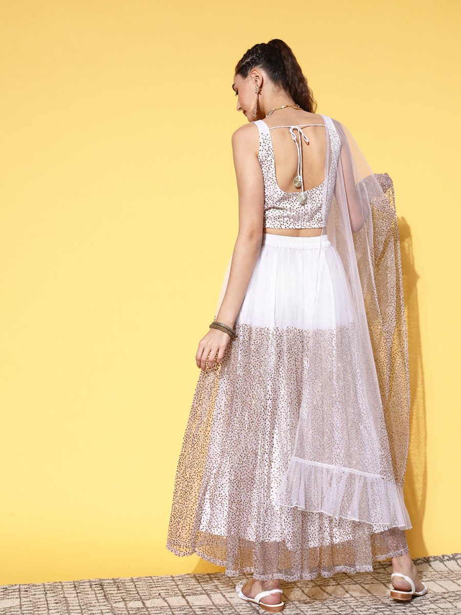 Ahalyaa White & Gold-Toned Printed Ready to Wear Lehenga & Blouse With Dupatta